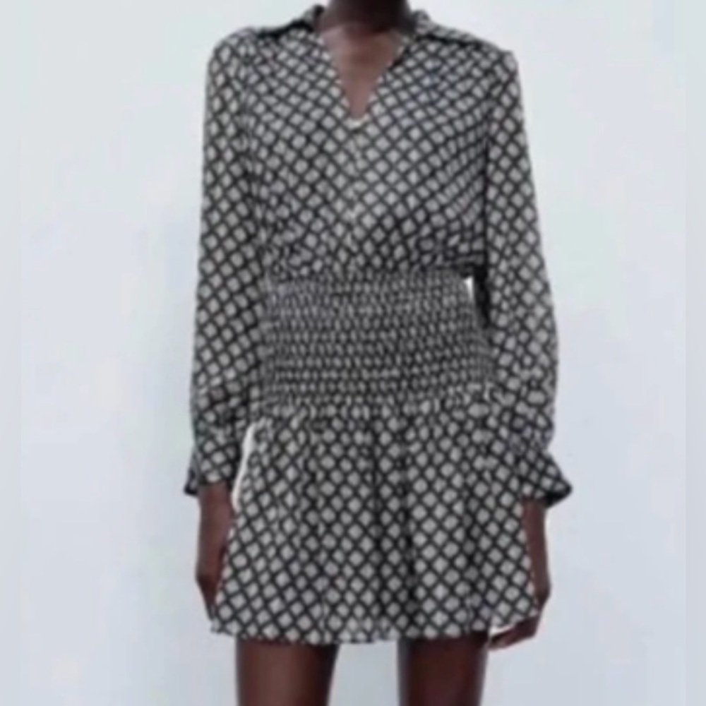 Zara Geometric Print Smocked Waist Long Sleeve Mini Dress XS NWT